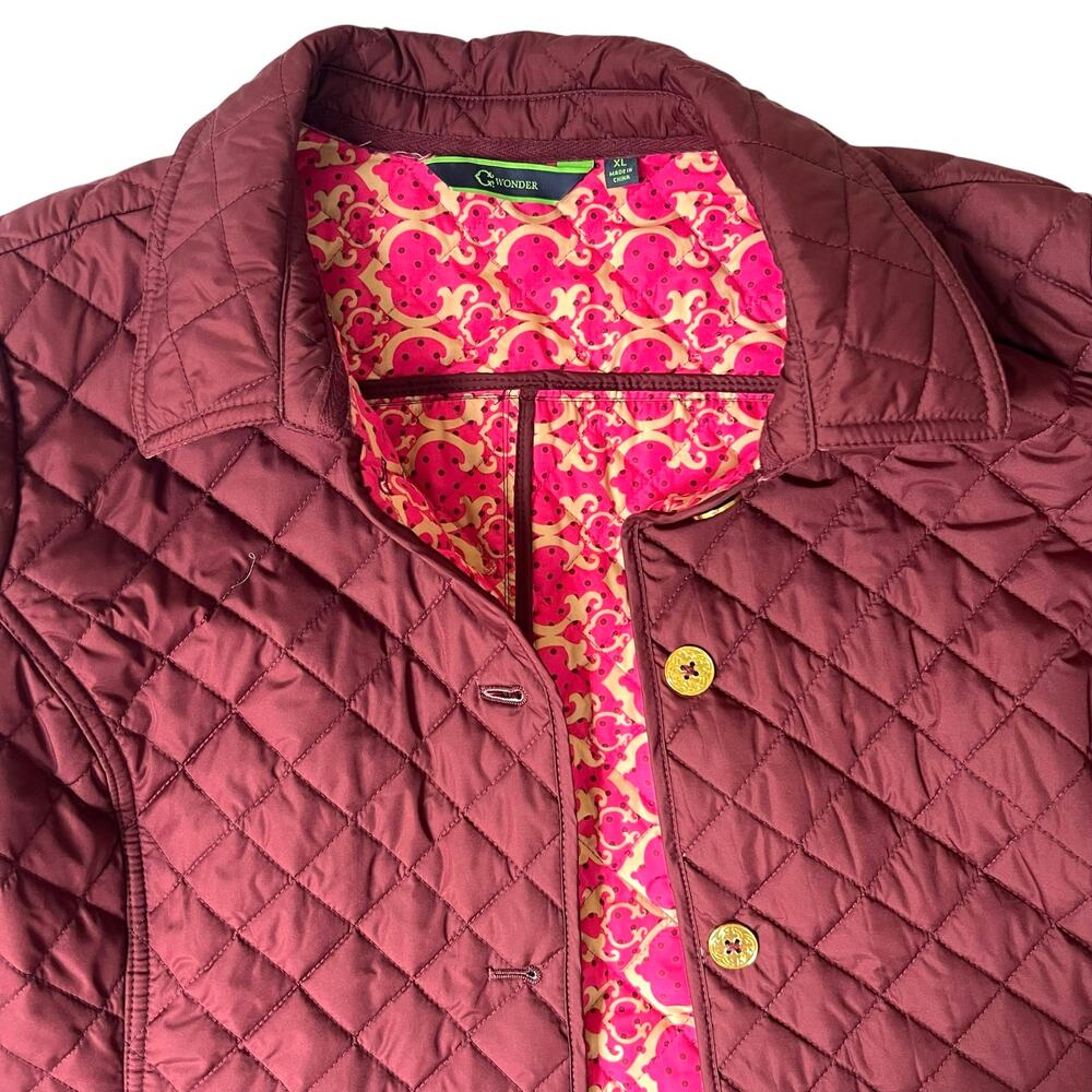 C. Wonder Quilted Burgundy Jacket Women’s XL Pink Print Lining Button Front
